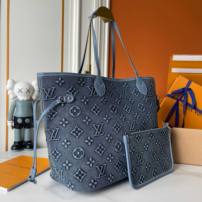 LOUIS VUITTON NEVERFULL MM BAG MONOGRAM DENIM BLUE 32CM