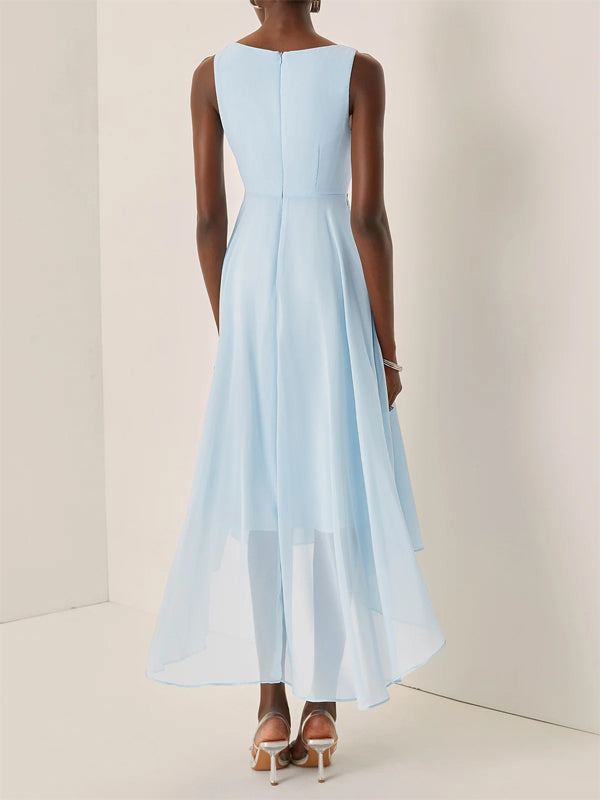 Light Blue Lace Asymmetric Chiffon V Neck Sleeveless A-Line Maxi Dress