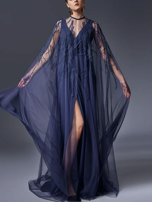 Two Piece Embroidered Cape & Open Slit Draped Dress