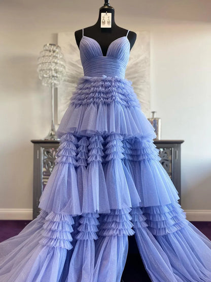 Spaghetti Straps V-Neck Layers Formal Party Prom Dresses
