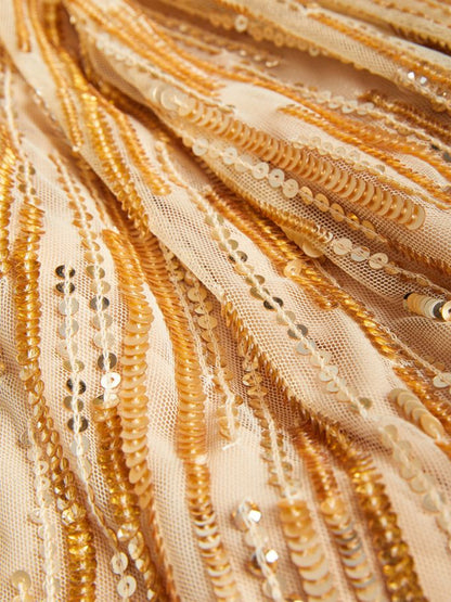 V-Neck Sequined Short-Sleeved Solid Color Maxi Dress