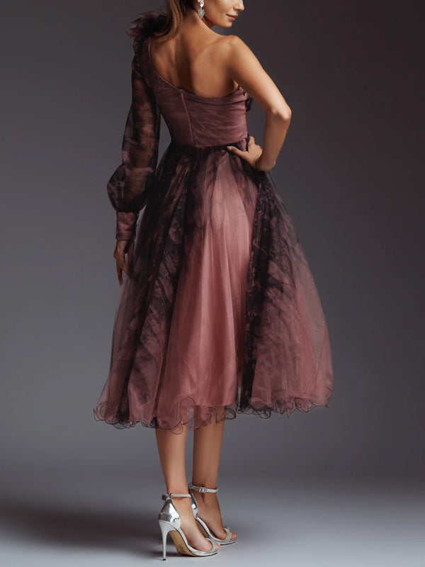 Off-shoulder Mesh Print Midi Dress