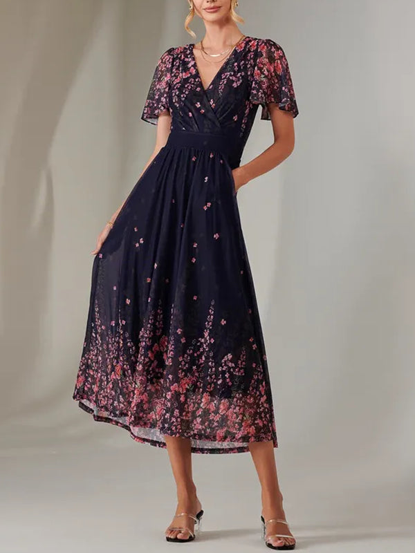 V-neck Floral Chiffon Dress
