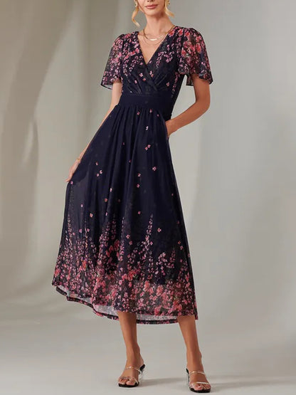 V-neck Floral Chiffon Dress