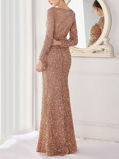 Round Neck Sequined Long Sleeves Maxi Dress