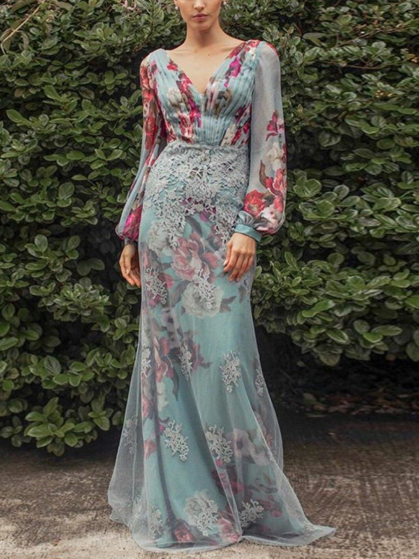 Light Blue V-neck Print Maxi Dress