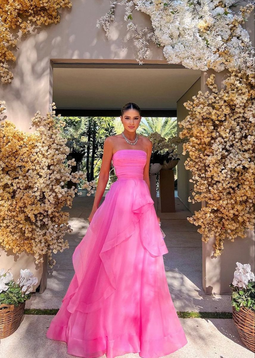 PM487, Simple Pink Sleeveless Long Prom Dresses, Strapless Evening Dresses, Pink Celebration Dress