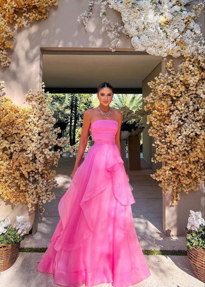 PM487, Simple Pink Sleeveless Long Prom Dresses, Strapless Evening Dresses, Pink Celebration Dress