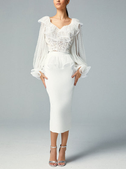 V-Neck Long-Sleeved Solid Color Top And Skirt Suit