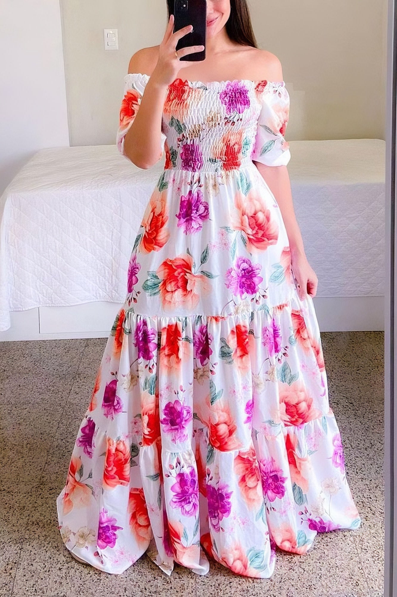 loveedsTM-One-shoulder floral off-shoulder long printed dress