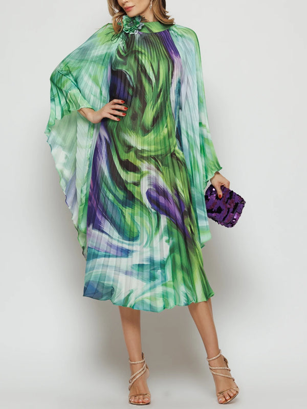 Pleated Elegant Chiffon Color Matching Ladies Dress