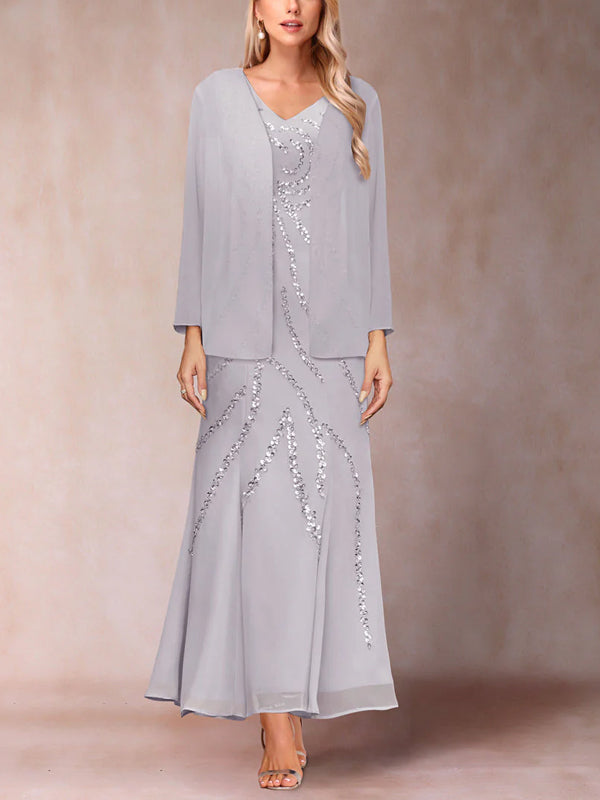 V-neck Sequin Solid Color Dress Top Suit