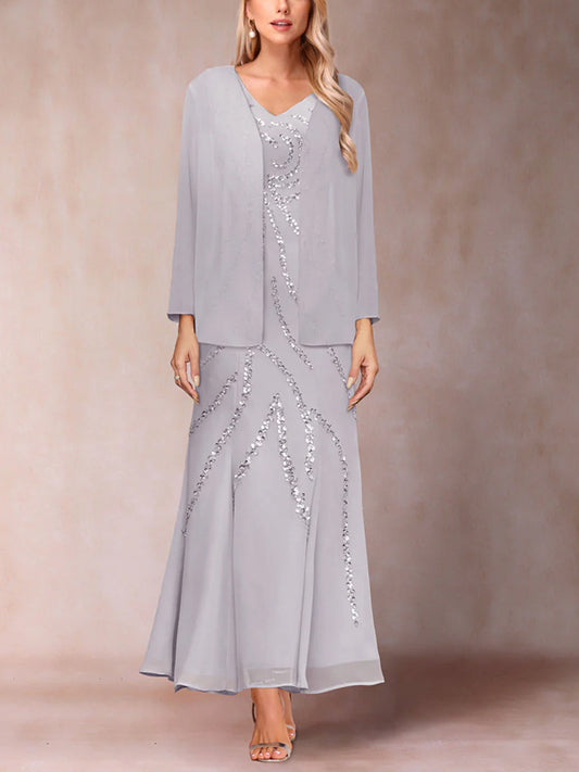 V-neck Sequin Solid Color Dress Top Suit