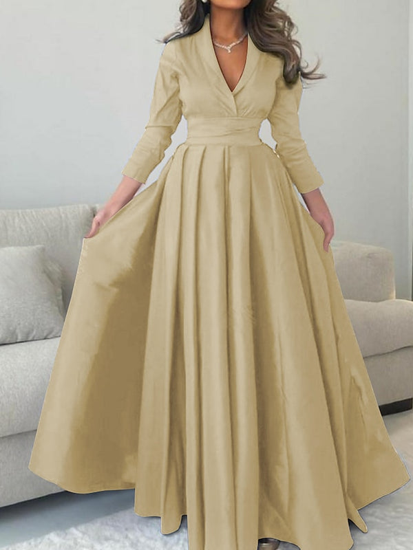 V Tie Pleated Satin Temperament Women's Gown