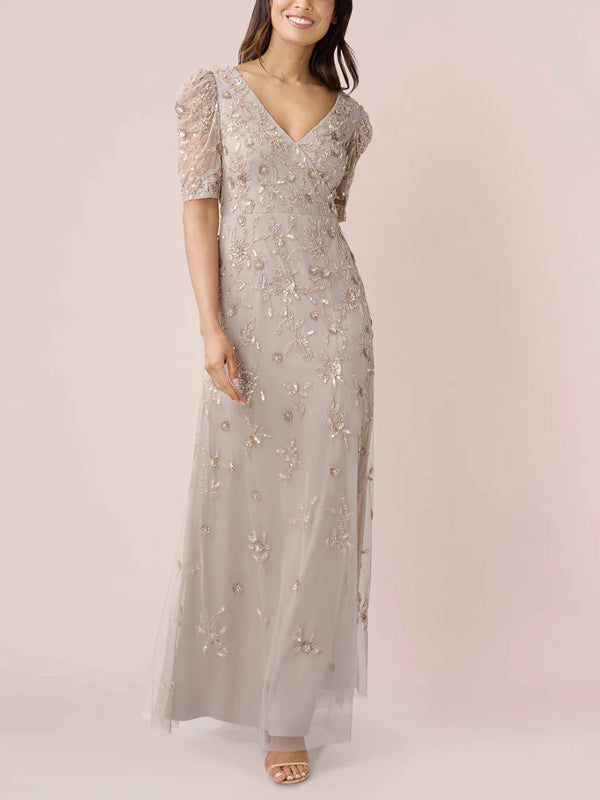 V-Neck Short Sleeves Beaded Maxi Dress