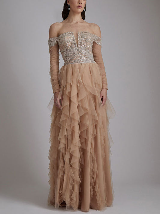 Off-the-shoulder Mesh Elegant Layered Dress