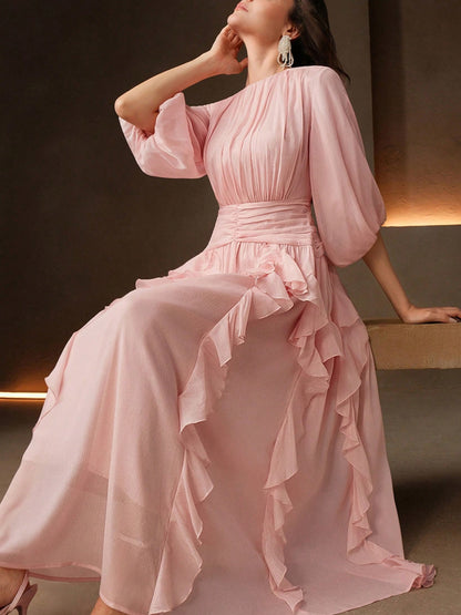 Elegant Women's Balloon Sleeve Waist Cinched Pink Loose Flare Dress