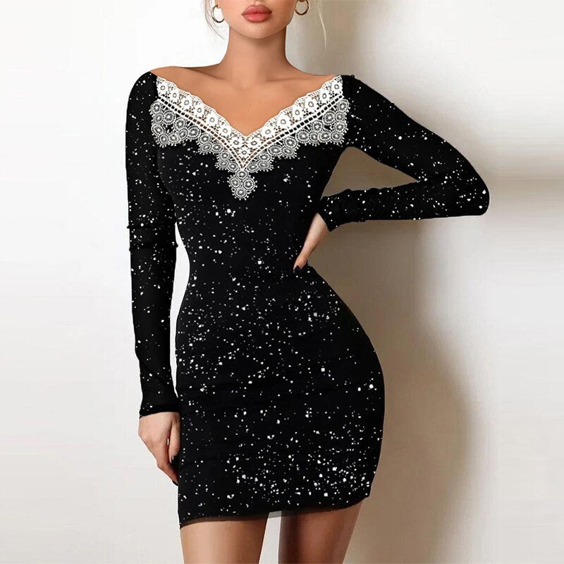 loveedsTM- Shiny Silk Turtleneck Bodycon Evening Dress Sexy Mesh Patchwork Long Sleeve A-line Dress Women Elegant Hollow Out Fashion Dress