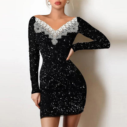 loveedsTM- Shiny Silk Turtleneck Bodycon Evening Dress Sexy Mesh Patchwork Long Sleeve A-line Dress Women Elegant Hollow Out Fashion Dress