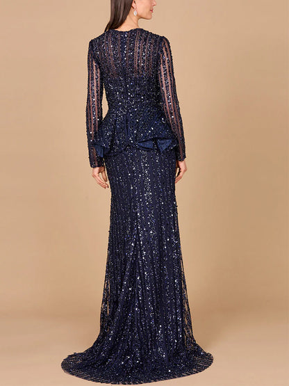 V-neck Long Sleeves Lace Sequins Maxi Dress