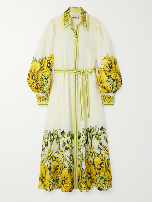Belted Floral-print Linen Maxi Shirt Dress
