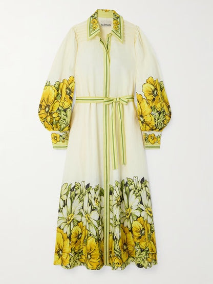 Belted Floral-print Linen Maxi Shirt Dress