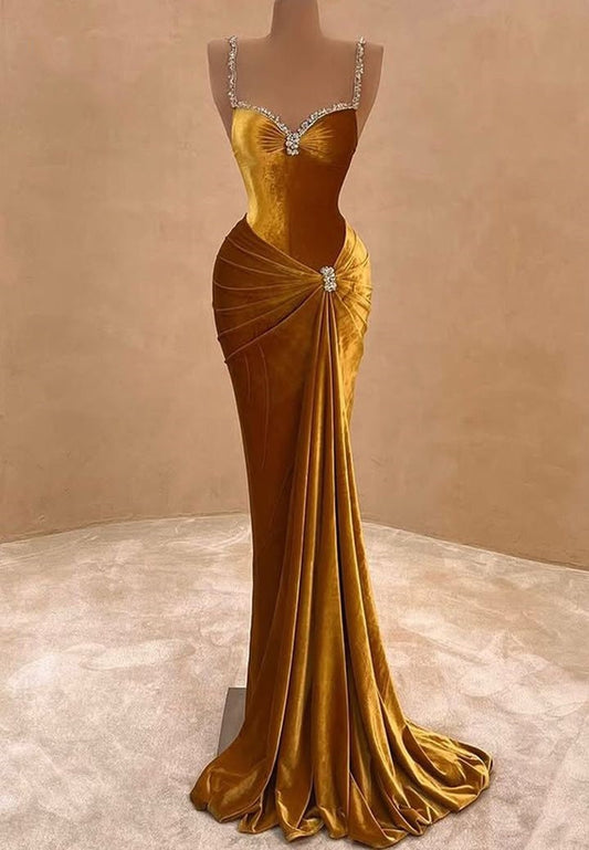 preppydressess-Gold Fashion Elegant Velvet Long Mermaid Slim Prom dress Evening Dress Party Dress gh4996