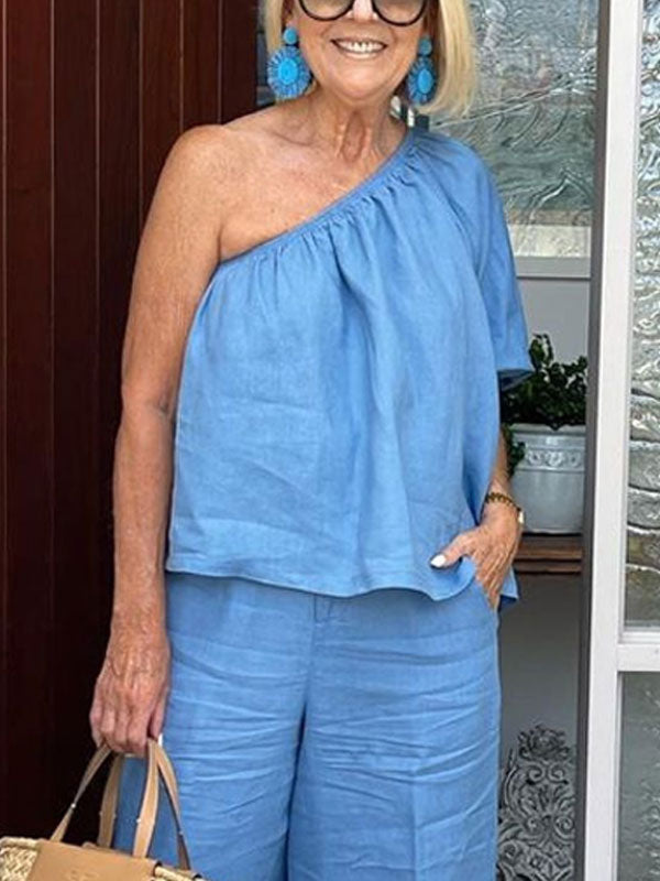 One Shoulder Cotton Linen Ladies Suits