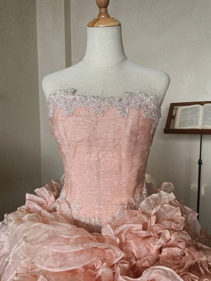 Pink Rose Flower Sweetheart Neck Ball Gown Lace Organza Prom Dress Birthday Dress SH3635