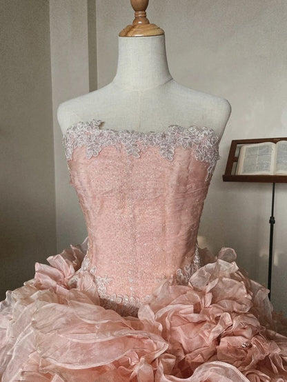 Pink Rose Flower Sweetheart Neck Ball Gown Lace Organza Prom Dress Birthday Dress SH3635