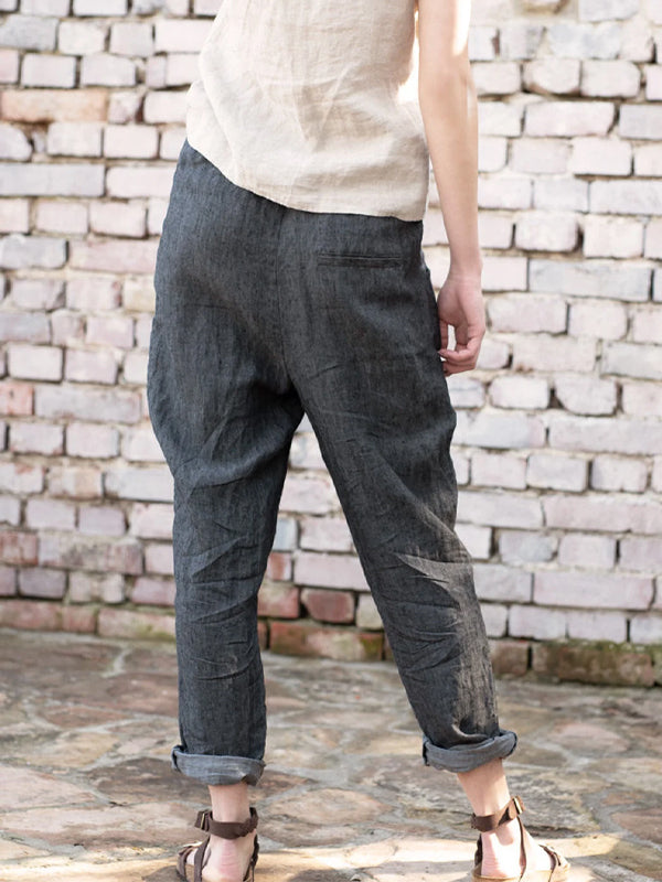 Solid Color Cotton And Linen Leggings