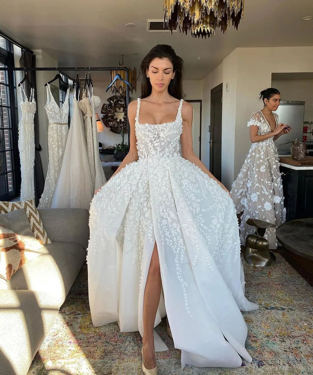 White fantasy square neck slit lace applique long tulle backless bridal gown wedding dress gh2404