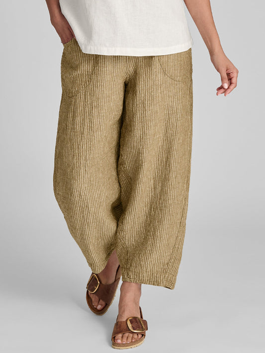 Striped Cotton And Linen Cropped Pants