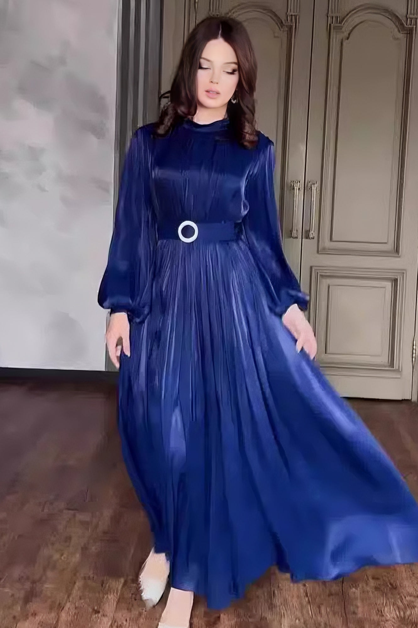 loveedsTM-Round Neck Organza Lantern Sleeve Long Sleeve Slim Belt Vintage Dress