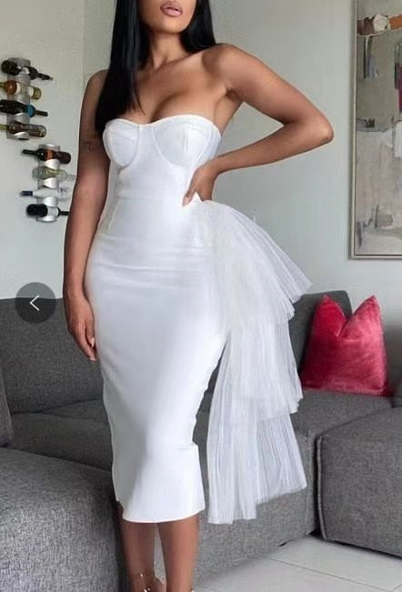 loveedsTM - 2024 New Bandage Dress Sexy Bodycon Women Mesh Strapless Party Club Evening Elegant Black White Clothes