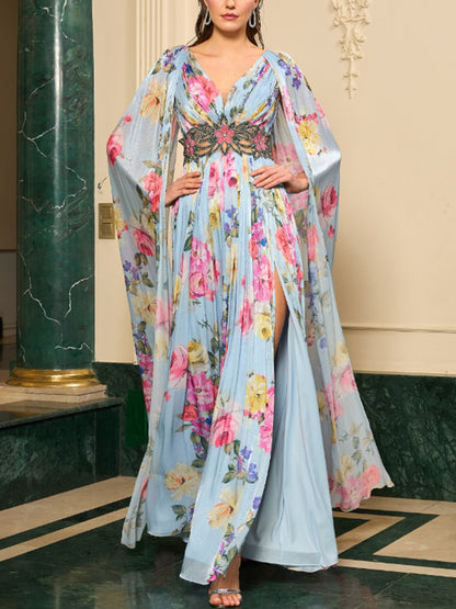 Waist-hugging Chiffon Print Party Dress