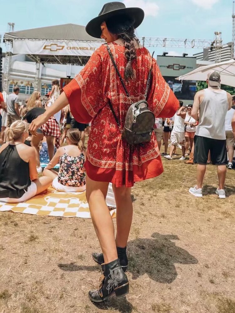 loveedsTM- Vintage Chic Fashion Women Red Floral Print O-neck Loose Bohemian Mini Dresses Ladies Batwing Sleeve Cotton Beach Boho Dress