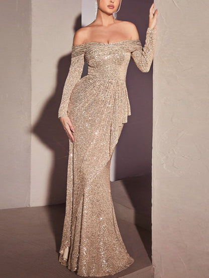 Sequined off-the-shoulder long-sleeved gown