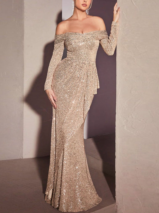 Sequined off-the-shoulder long-sleeved gown