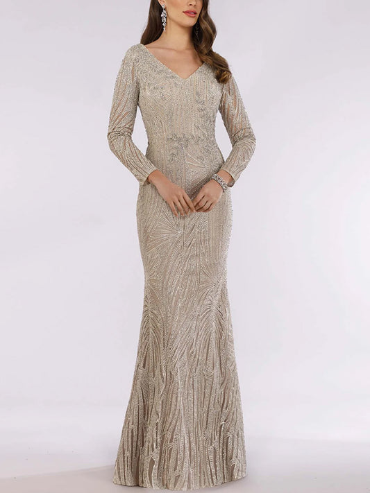 V-neck sequined long-sleeved dress