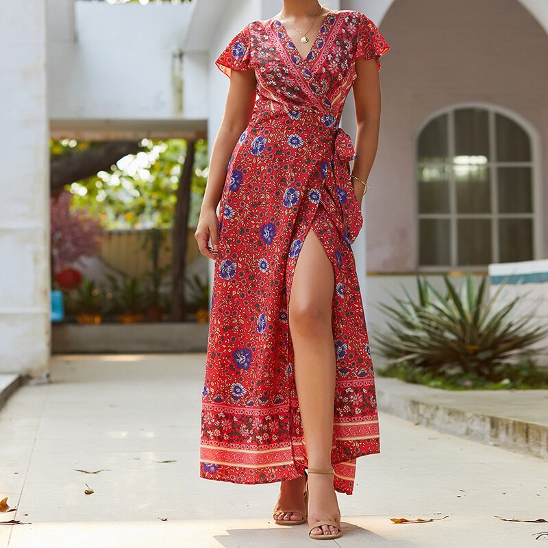 loveedsTM-Summer Vacation Holiday Dress Boho Green Printed Sashes Ruffles Bohemian Midi Dress V-Neck Irregular Short Sleeve Sundress