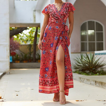 loveedsTM-Summer Vacation Holiday Dress Boho Green Printed Sashes Ruffles Bohemian Midi Dress V-Neck Irregular Short Sleeve Sundress