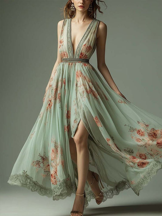 Light Green V-neck Chiffon Print Maxi Dress