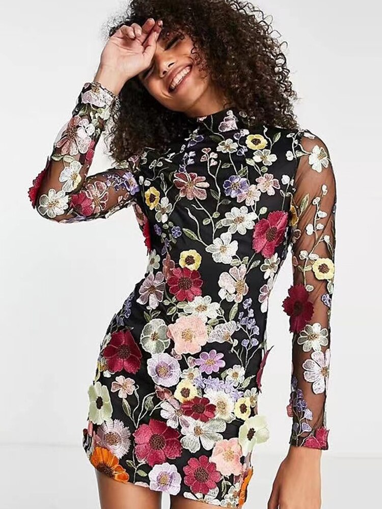 loveedsTM-Flower Print Embroidery Mini Dress Women Half High Collar Long Sleeve Hip Package Dresses Female Autumn Elegant Lady Vestidos