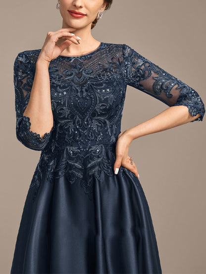 Round Neck Short Sleeve Lace Sequin Solid Color Midi Dress
