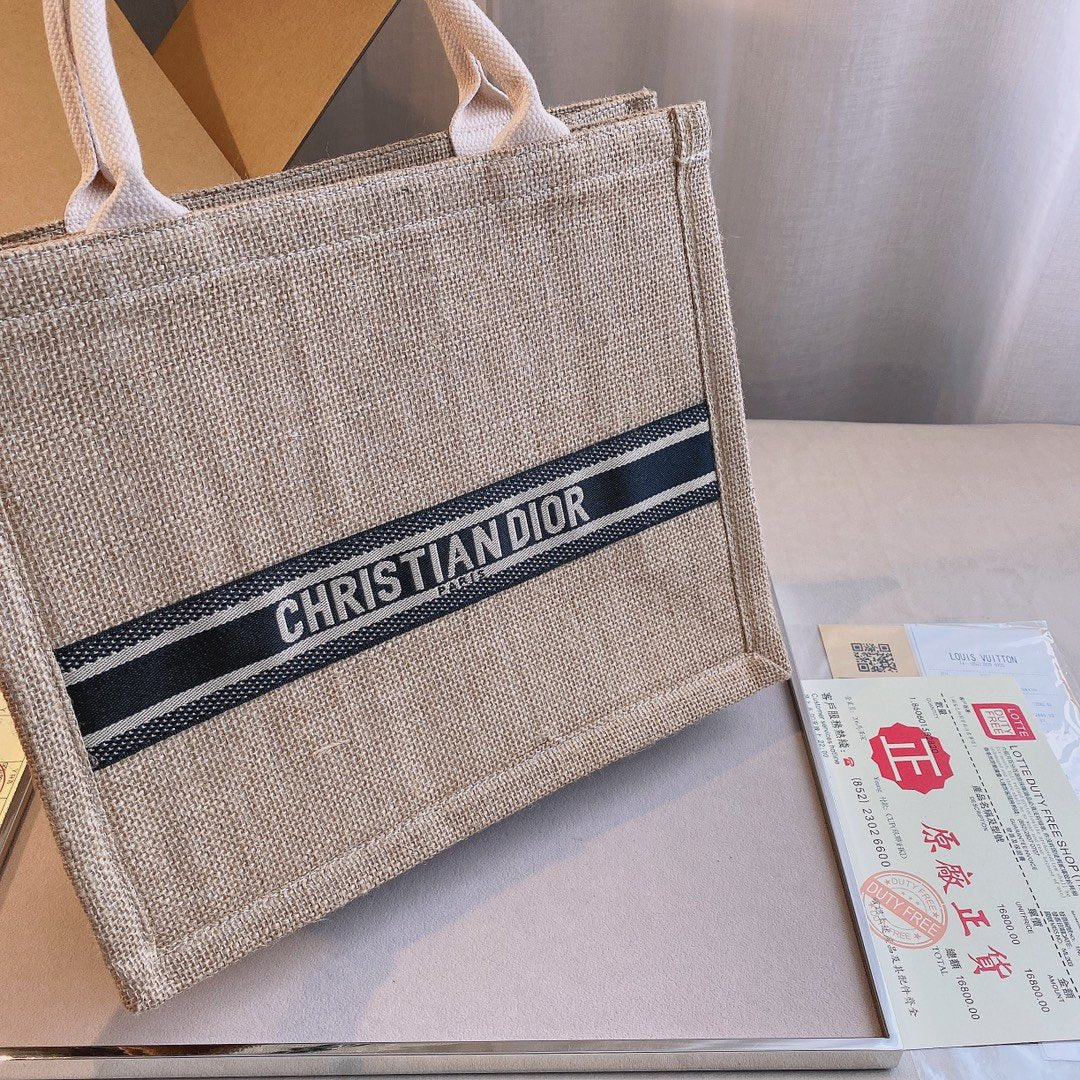 Christian Dior Natural Cannage Raffia Medium Book Tote Beige