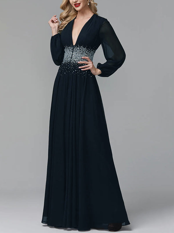 V-neck Chiffon Long Sleeve Solid Color Maxi Dress