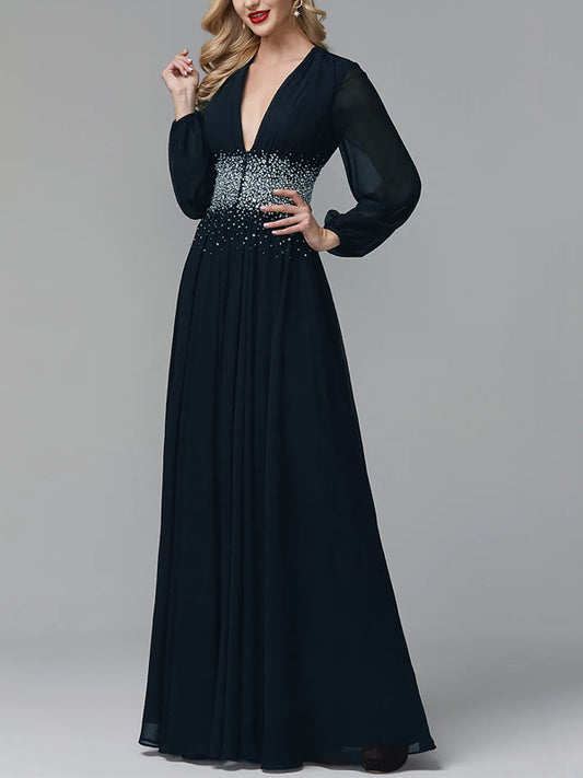 V-neck Chiffon Long Sleeve Solid Color Maxi Dress
