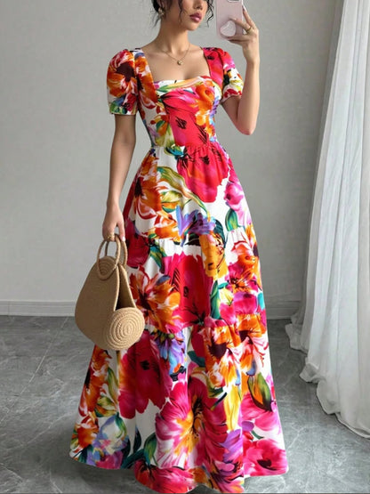 Square Neck Puff Sleeve Temperament Garden Women's Dress