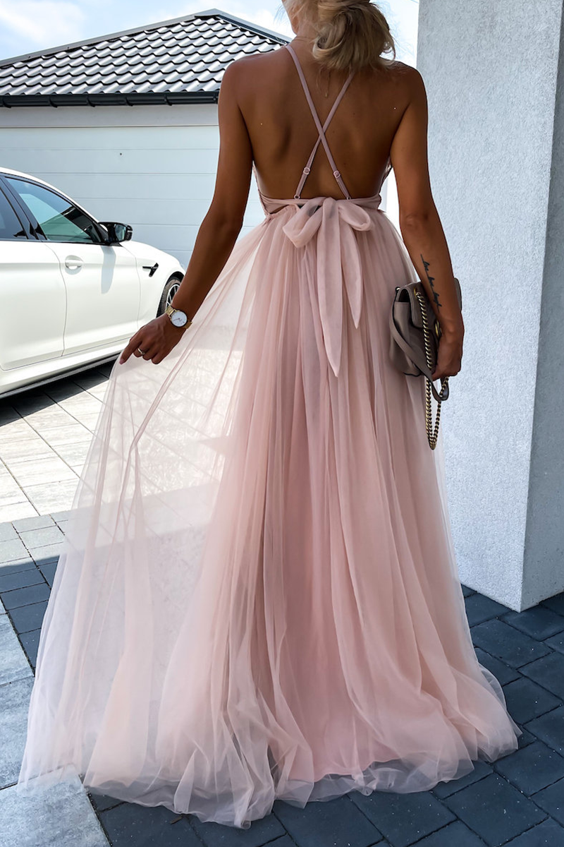 loveedsTM-Sexy Solid Mesh Halter Cake Skirt Dresses